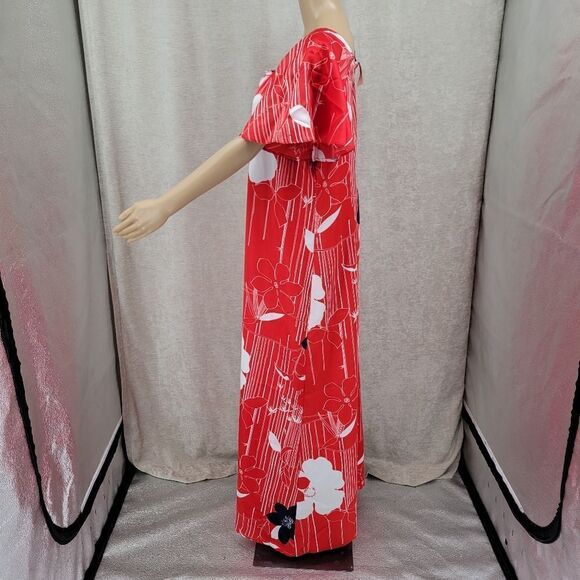 Hawaii Nei 70s Maxi Dress Kaftan Red Navy White Tropical Flutter Sleeves Women's - Picture 5 of 8